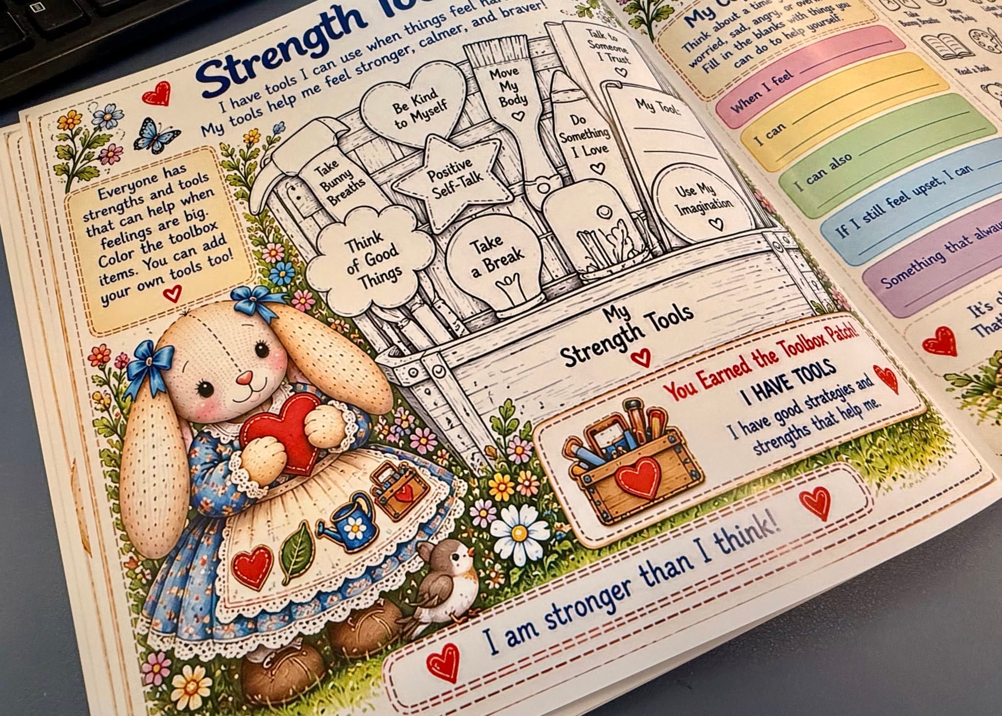 The Strength Tools activity page. Lynn the Bunny holds a red heart beside a toolbox to color, filled with tools like Take Bunny Breaths, Be Kind to Myself, Move My Body, and Talk to Someone I Trust. A banner reads I am stronger than I think.